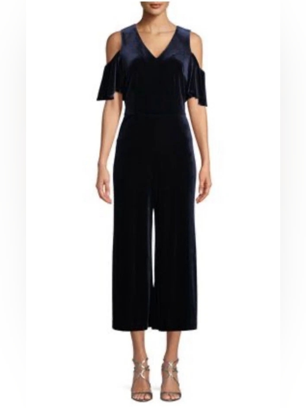 Karl Lagerfeld Navy Cold-Shoulder Velvet Jumpsuit SZ 6